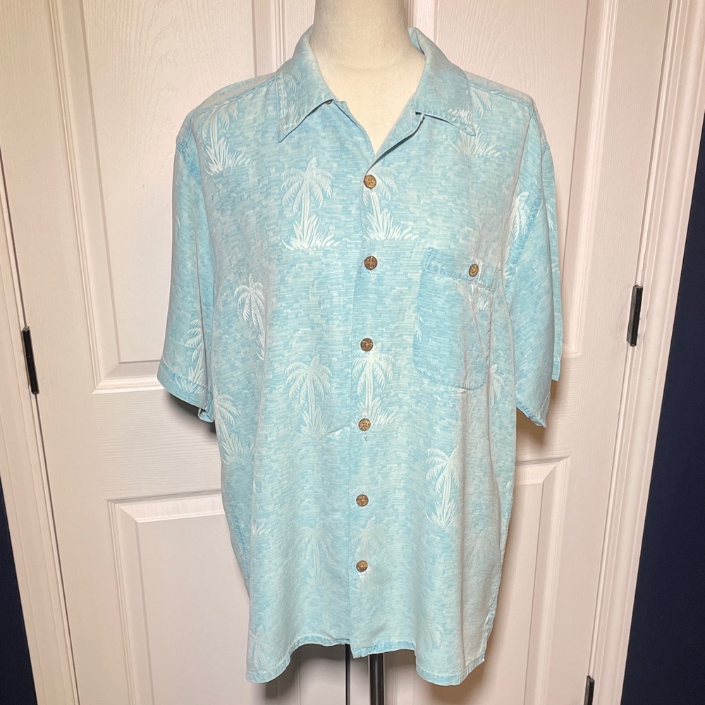 Vintage Paradise Coves Silk Hawaiian Blue‎ Short Sleeve Collared Shirt Medium